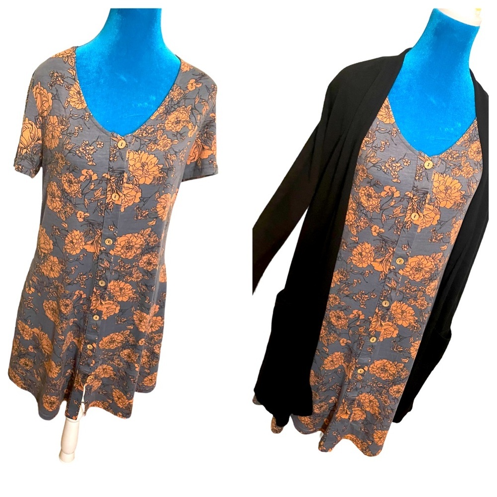 short sleeve button down gray dusty rose floral cottagecore dress - Picture 5 of 12